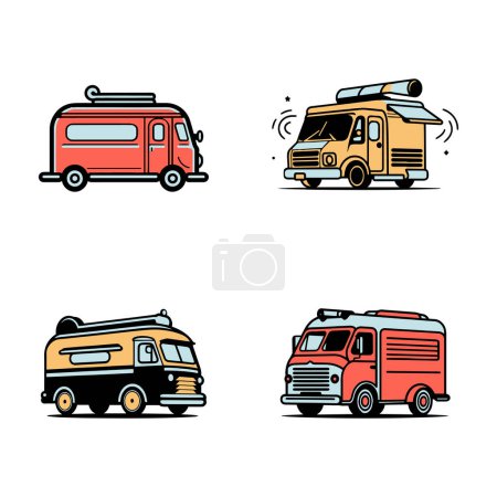 Ilustración de Logotipo de camión de comida vintage dibujado a mano en estilo de arte de línea plana aislado en fondo - Imagen libre de derechos