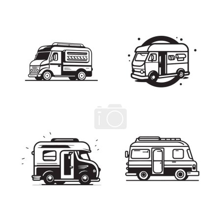 Illustration for Hand Drawn vintage Food Truck logo in flat line art style isolated on background - Royalty Free Image
