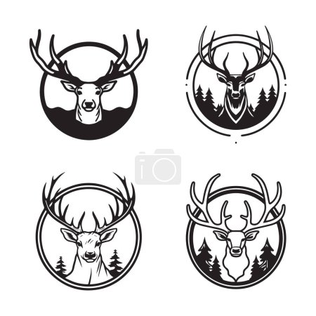 Illustration for Hand Drawn vintage deer head logo in flat line art style isolated on background - Royalty Free Image