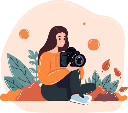 Téléchargez les illustrations : Caméraman femelle dessiné à la main avec une caméra dans un style plat isolé sur fond - en licence libre de droit
