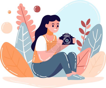 Téléchargez les illustrations : Caméraman femelle dessiné à la main avec une caméra dans un style plat isolé sur fond - en licence libre de droit