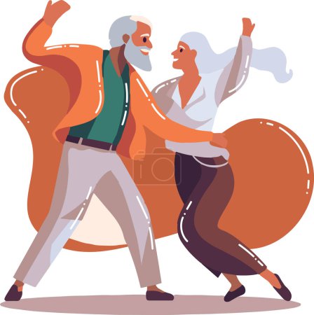 Téléchargez les illustrations : Dessiné à la main Heureux couple âgé dansant dans un style plat isolé sur fond - en licence libre de droit