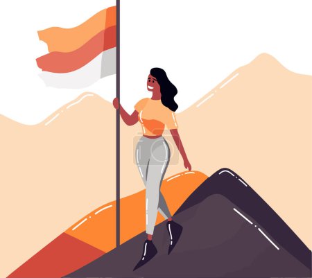 Illustration for Hand Drawn Businesswoman with flag on top of mountain in flat style isolated on background - Royalty Free Image
