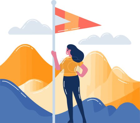 Téléchargez les illustrations : Femme d'affaires dessinée à la main avec drapeau au sommet de la montagne dans un style plat isolé sur fond - en licence libre de droit