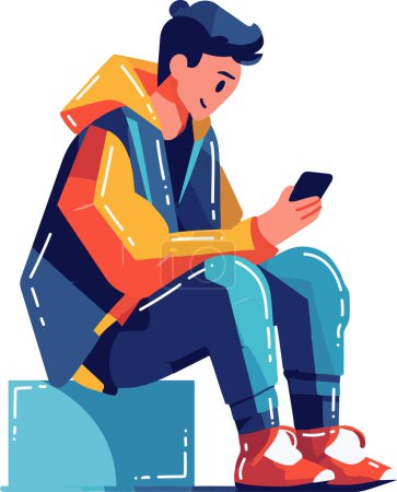 Illustration for Hand Drawn boy sitting on mobile phone in flat style isolated on background - Royalty Free Image