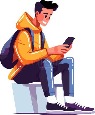 Téléchargez les illustrations : Garçon dessiné à la main assis sur un téléphone portable dans un style plat isolé sur fond - en licence libre de droit