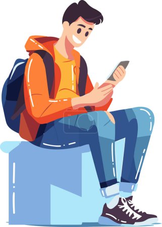 Téléchargez les illustrations : Garçon dessiné à la main assis sur un téléphone portable dans un style plat isolé sur fond - en licence libre de droit