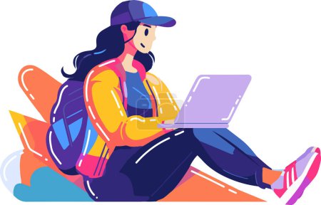 Illustration for Hand Drawn girl sitting and working with laptop in flat style isolated on background - Royalty Free Image