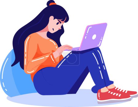 Téléchargez les illustrations : Main dessiné fille assis et travailler avec ordinateur portable dans le style plat isolé sur fond - en licence libre de droit