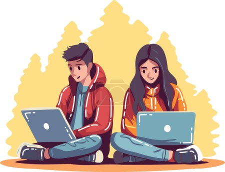 Hand Drawn couple sitting and using laptop in flat style isolated on background