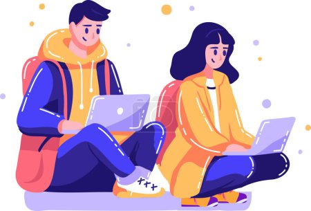 Illustration for Hand Drawn couple sitting and using laptop in flat style isolated on background - Royalty Free Image