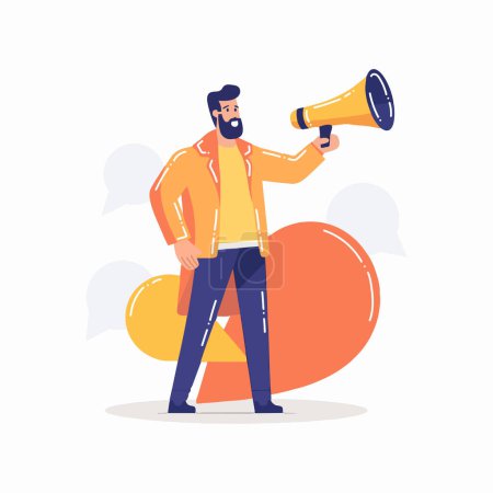 Illustration for Hand Drawn man with megaphone in flat style isolated on background - Royalty Free Image