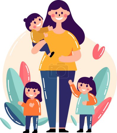 Téléchargez les illustrations : Main dessinée mère marche avec bébé dans le style plat isolé sur fond - en licence libre de droit