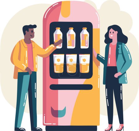 Ilustración de Empresarios dibujados a mano de pie y hablando delante de una máquina expendedora de agua en estilo plano aislado en el fondo - Imagen libre de derechos