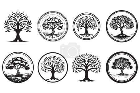 Téléchargez les illustrations : Logo d'arbre vintage dessiné à la main dans un style plat isolé sur fond - en licence libre de droit