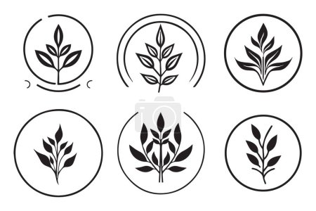 Téléchargez les illustrations : Logo feuille et fleur vintage dessiné à la main dans un style plat isolé sur fond - en licence libre de droit