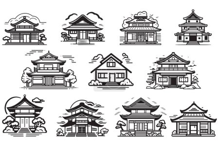 Ilustración de Logotipo de la casa japonesa minimalista dibujado a mano en estilo plano aislado sobre fondo - Imagen libre de derechos