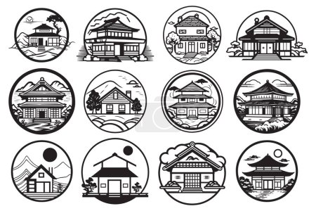 Téléchargez les illustrations : Logo de maison japonais minimaliste dessiné à la main dans un style plat isolé sur fond - en licence libre de droit
