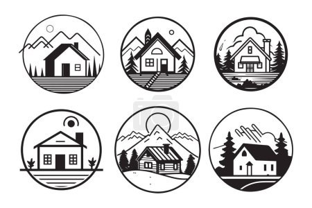 Téléchargez les illustrations : Logo de maison vintage dessiné à la main dans un style plat isolé sur fond - en licence libre de droit