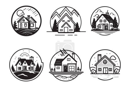Téléchargez les illustrations : Logo de maison vintage dessiné à la main dans un style plat isolé sur fond - en licence libre de droit