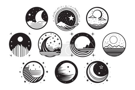 Téléchargez les illustrations : Logo lune vintage dessiné à la main dans un style plat isolé sur fond - en licence libre de droit
