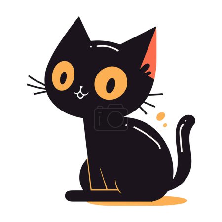 Téléchargez les illustrations : Chat noir mignon dessiné à la main dans un style plat isolé sur fond - en licence libre de droit