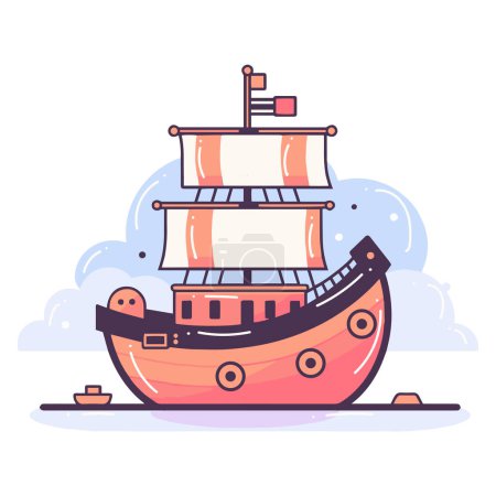 Ilustración de Dibujado a mano lindo barco pirata en estilo plano aislado en el fondo - Imagen libre de derechos