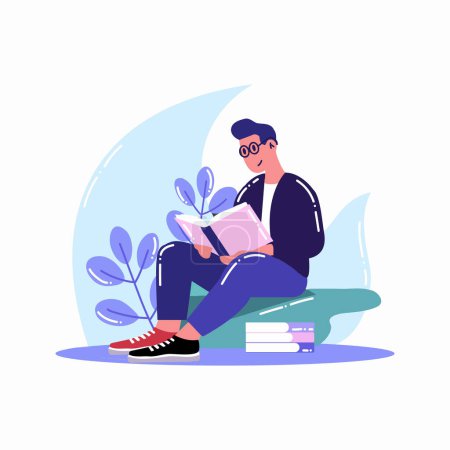 Téléchargez les illustrations : Homme dessiné à la main assis et lisant un livre en style plat isolé sur fond - en licence libre de droit