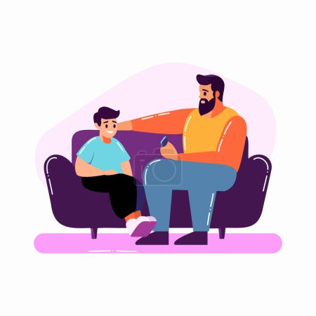 Ilustración de Dibujado a mano padre hablando con hijo en el sofá en estilo plano aislado en el fondo - Imagen libre de derechos