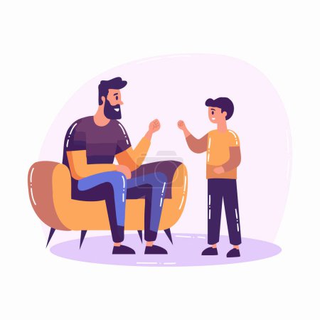 Ilustración de Dibujado a mano padre hablando con hijo en el sofá en estilo plano aislado en el fondo - Imagen libre de derechos