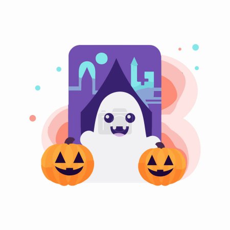 Téléchargez les illustrations : Main dessiné Halloween fantôme mignon dans le style plat isolé sur fond - en licence libre de droit