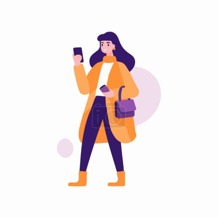 Téléchargez les illustrations : Femme dessinée à la main marchant avec smartphone dans un style plat isolé sur fond - en licence libre de droit