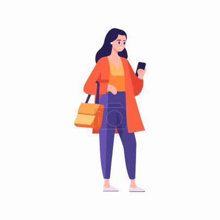 Illustration for Hand Drawn woman walking with smartphone in flat style isolated on background - Royalty Free Image
