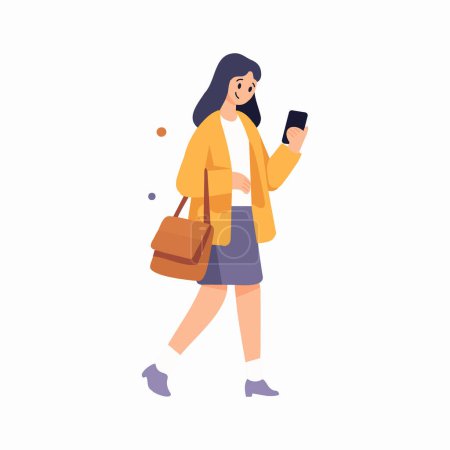 Ilustración de Mujer dibujada a mano caminando con teléfono inteligente en estilo plano aislado en el fondo - Imagen libre de derechos