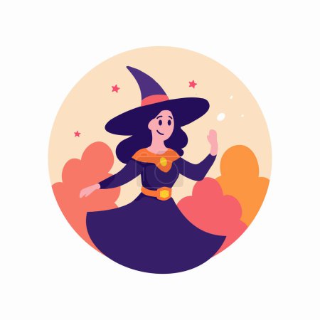 Téléchargez les illustrations : Main dessiné Halloween mignon sorcière dans le style plat isolé sur fond - en licence libre de droit