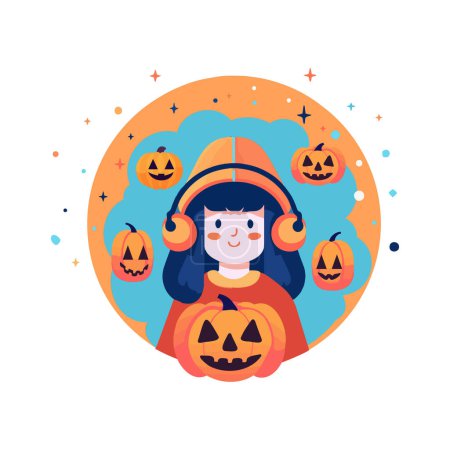 Téléchargez les illustrations : Main dessiné Halloween mignon sorcière dans le style plat isolé sur fond - en licence libre de droit
