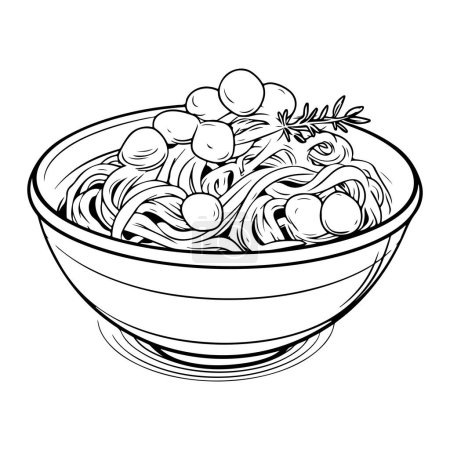 Téléchargez les illustrations : Dessiné à la main délicieuses nouilles dans le style doodle isolé sur fond - en licence libre de droit