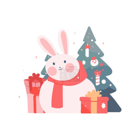 Ilustración de Dibujado a mano lindo conejito de Navidad en estilo plano aislado en el fondo - Imagen libre de derechos