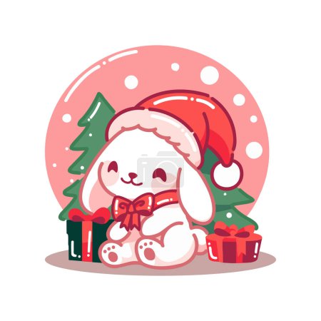 Téléchargez les illustrations : Lapin de Noël mignon dessiné à la main dans un style plat isolé sur fond - en licence libre de droit