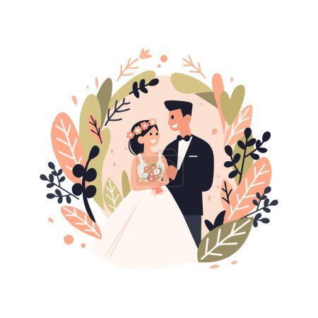Téléchargez les illustrations : Couple dessiné à la main avec beau mariage dans un style plat isolé sur fond - en licence libre de droit