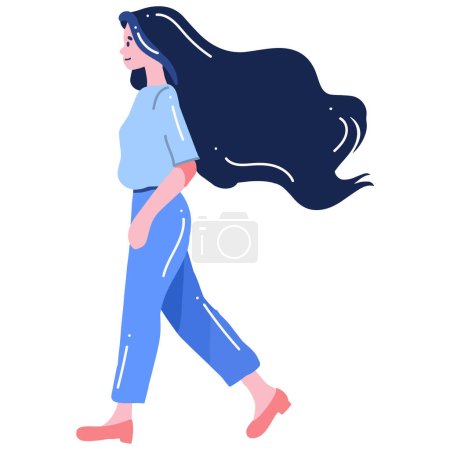 Téléchargez les illustrations : Femme adolescente dessinée à la main marchant ou courant à plat isolé sur fond - en licence libre de droit