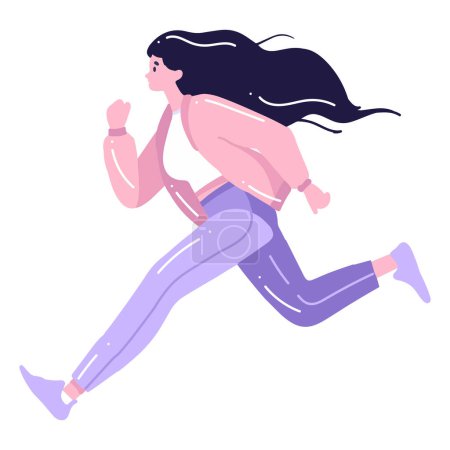 Ilustración de Dibujado a mano mujer adolescente caminando o corriendo en estilo plano aislado en el fondo - Imagen libre de derechos
