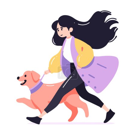 Ilustración de Dibujado a mano adolescente chica con lindo perro en estilo plano aislado en el fondo - Imagen libre de derechos