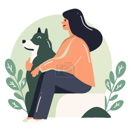 Téléchargez les illustrations : Main dessiné adolescent fille avec mignon chien dans plat style isolé sur fond - en licence libre de droit