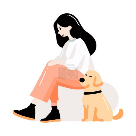 Téléchargez les illustrations : Main dessiné adolescent fille avec mignon chien dans plat style isolé sur fond - en licence libre de droit