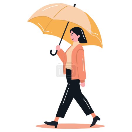 Ilustración de Mujer joven dibujada a mano caminando con paraguas en estilo plano aislado en el fondo - Imagen libre de derechos
