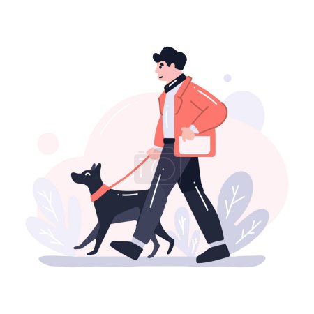 Illustration for Hand Drawn young man with dog in flat style isolated on background - Royalty Free Image