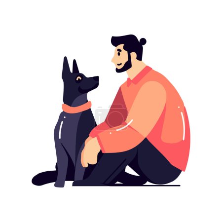 Téléchargez les illustrations : Hand Drawn young man with dog in flat style isolated on background - en licence libre de droit
