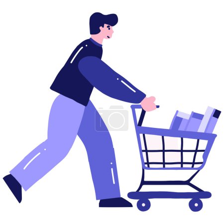 Illustration for Hand Drawn man with shopping cart in flat style isolated on background - Royalty Free Image