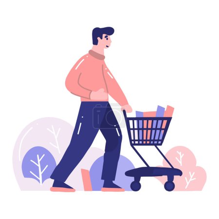 Téléchargez les illustrations : Hand Drawn man with shopping cart in flat style isolated on background - en licence libre de droit